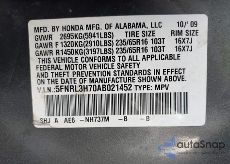 2010 Honda Odyssey Ex-L z USA, uszkodzony, nr VIN 5FNRL3H70AB021452